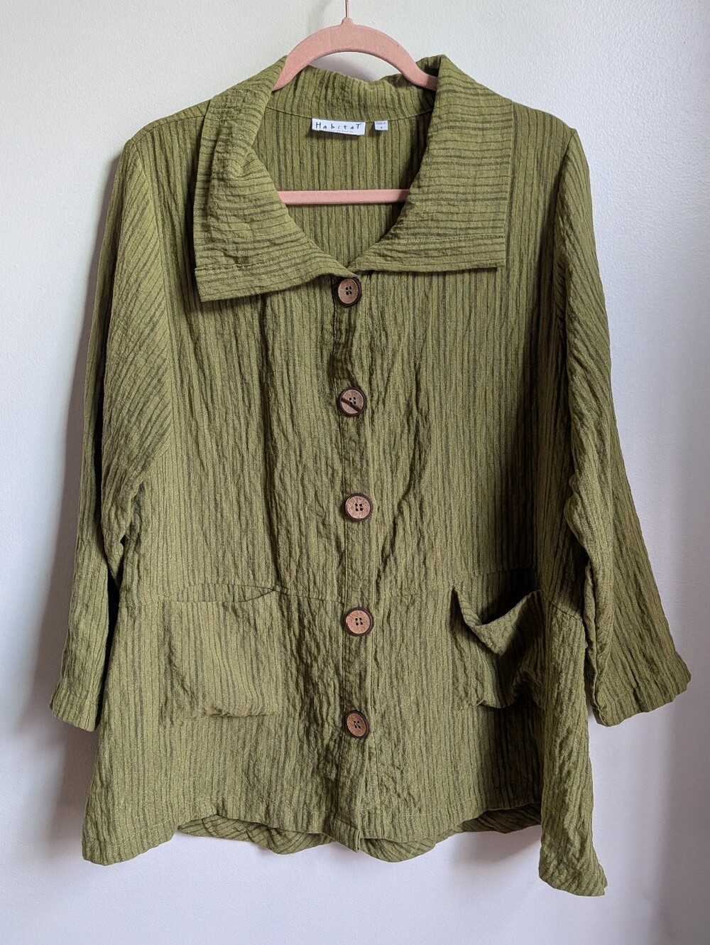 HABITAT Olive Green Stripped Button-Front Lagenlook Casual Long Sleeves Blouse